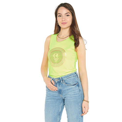 Неоновий жовтий топ на бретелях з принтом і цирконами