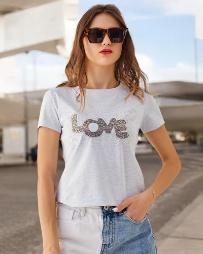 Royalfashion Damen Baumwoll-T-Shirt LOVE mit Strasssteinen