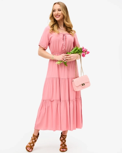 Rosa langes Damenkleid mit kurzen Ärmeln- Kleidung