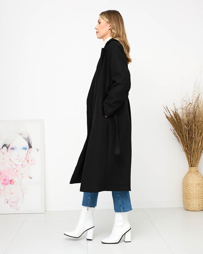 Чорне довге жіноче пальто з поясом - Одяг
