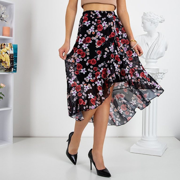 Schwarzer asymmetrischer Rock mit rotem Blumendruck - Kleidung