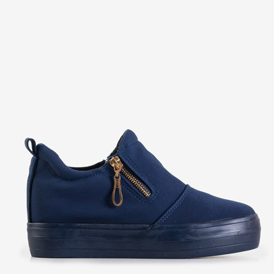 Dunkelblaue Damenbrogues auf einem Indoor-Keilabsatz mit goldenen Reißverschlüssen Leonita - Footwear