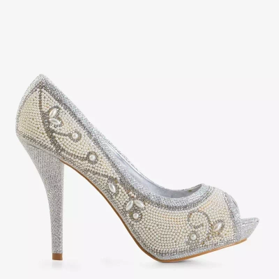 OUTLET Silberne Damen Brokatpumps mit Belis Ornamenten - Schuhe