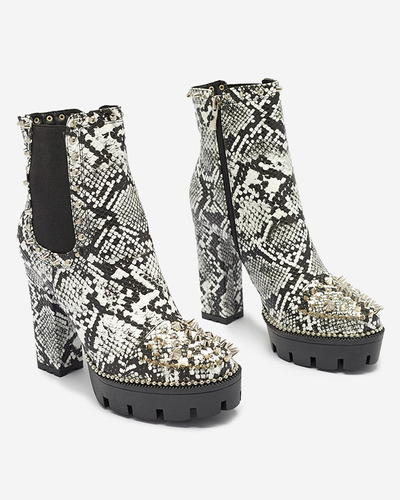 Schwarz-weiße, isolierte, verzierte und geprägte Damenstiefel Tegis - Footwear