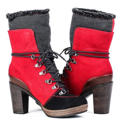 Red-black boots on the post with sheepskin coat - Footwear