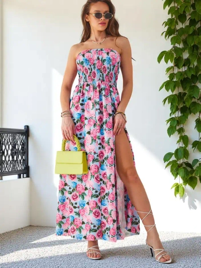 Royalfashion Gemustertes Midikleid ohne Ärmel, mit einem breiten Gummiband und Schlitzen am Saum