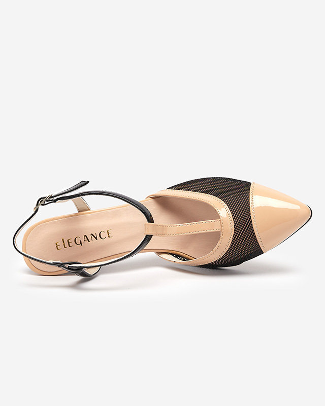 Beige-schwarze Damensandale auf hohem Absatz mit bedeckten Fingern Niddl- Footwear