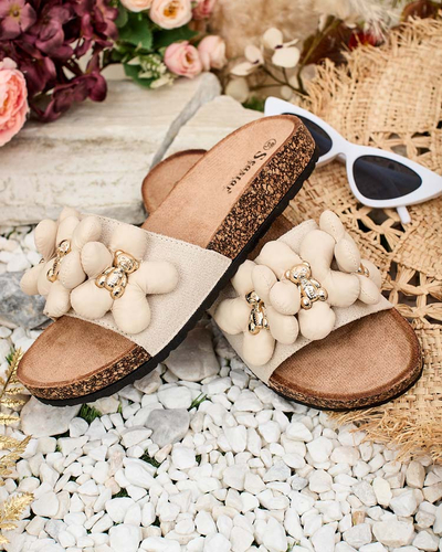 Royalfashion Damen Flip-Flops mit goldenen Teddybären und Blumen Isaralle