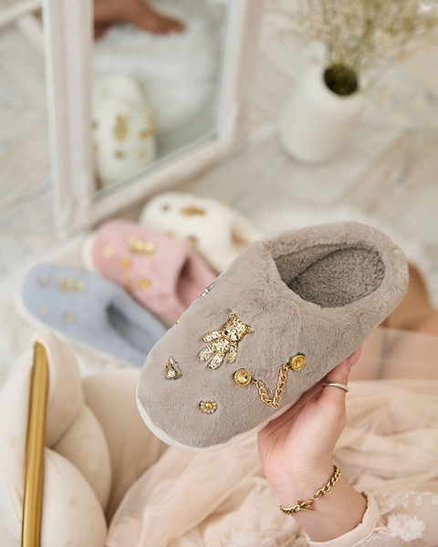 Royalfashion Graue Damenpelzpantoffeln mit Ornamenten Erserra