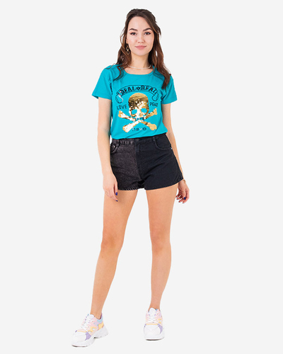 Blaues Pailletten-T-Shirt für Damen mit Aufschriften - Kleidung