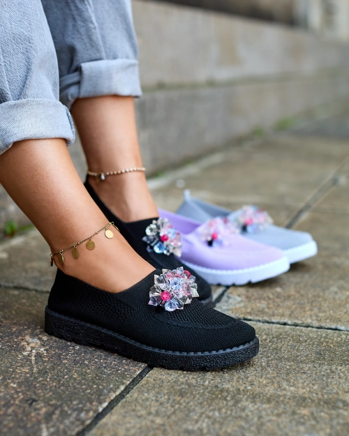 Royalfashion Чорні жіночі тканинні мокасини з кристалами Fezens