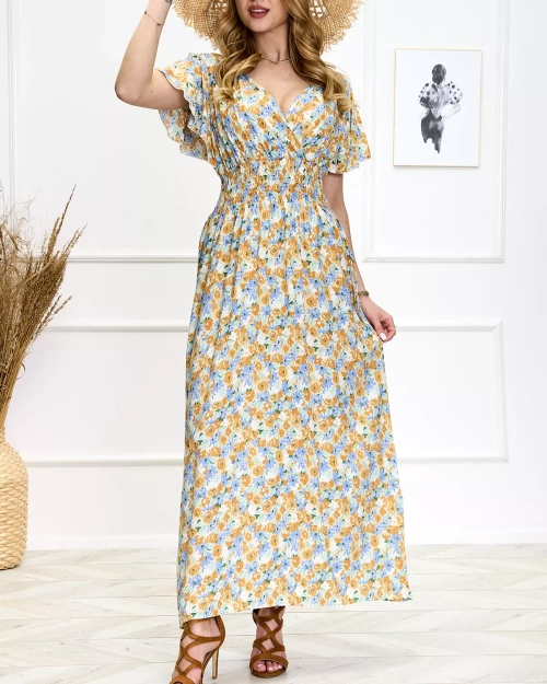 Синьо-жовта жіноча квіткова сукня міді - Туфлі