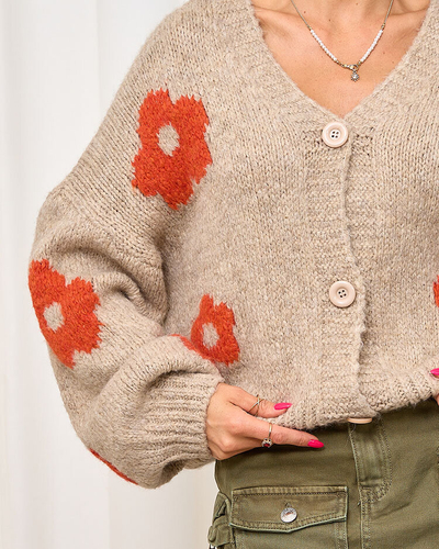 Royalfashion Hellbrauner kurzer ungeknöpfter Pullover mit Blumen