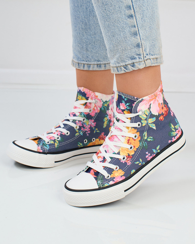 Royalfashion Damen hohe marineblaue Sneakers mit buntem Blumendruck Fahenna
