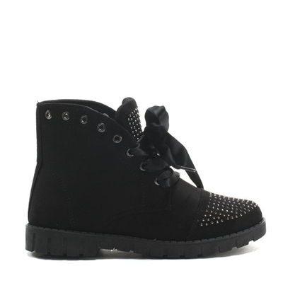 Czarne botki zamszowe wiązane wstążką - Obuwie