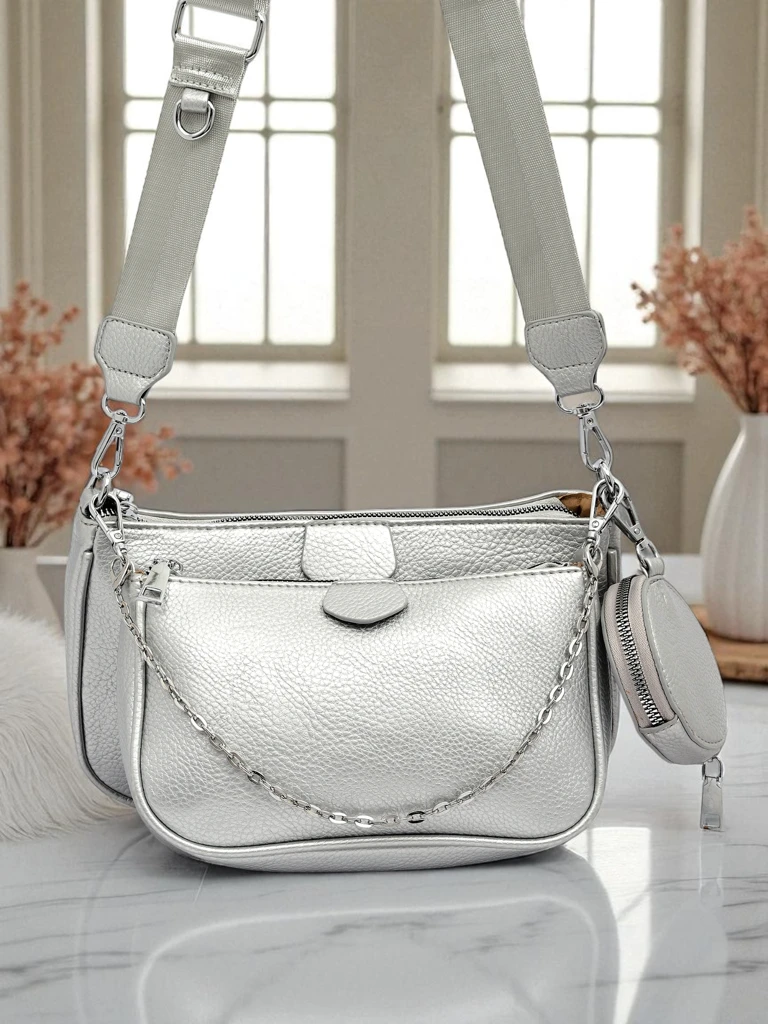 Aurelia Multi Silver – 3-in-1 Damenhandtasche aus Öko-Leder mit runder Tasche