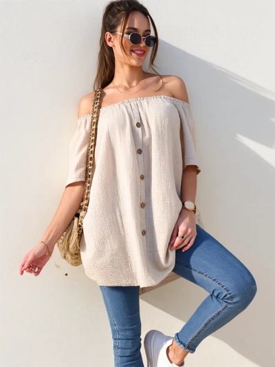 Royalfashion Baumwollbluse für Damen im spanischen Stil mit dekorativen Knöpfen