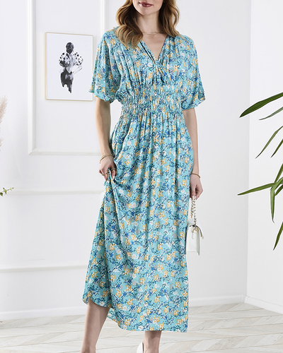 Blaues Damen-Midikleid mit Blumenmuster- Kleidung