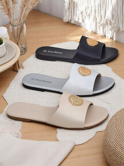 Royalfashion Damen Pantoletten mit flacher Sohle Golden Slip