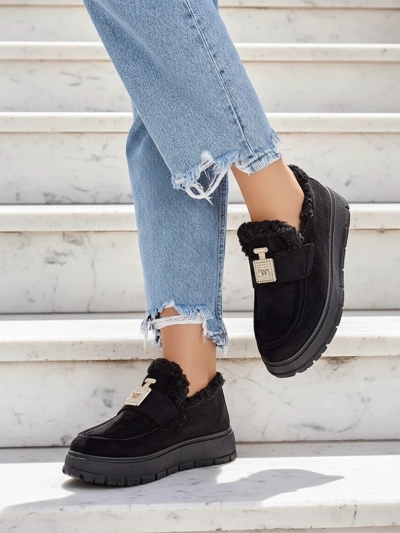 Schwarze Kalliope-Schuhe mit Plattform und Fell