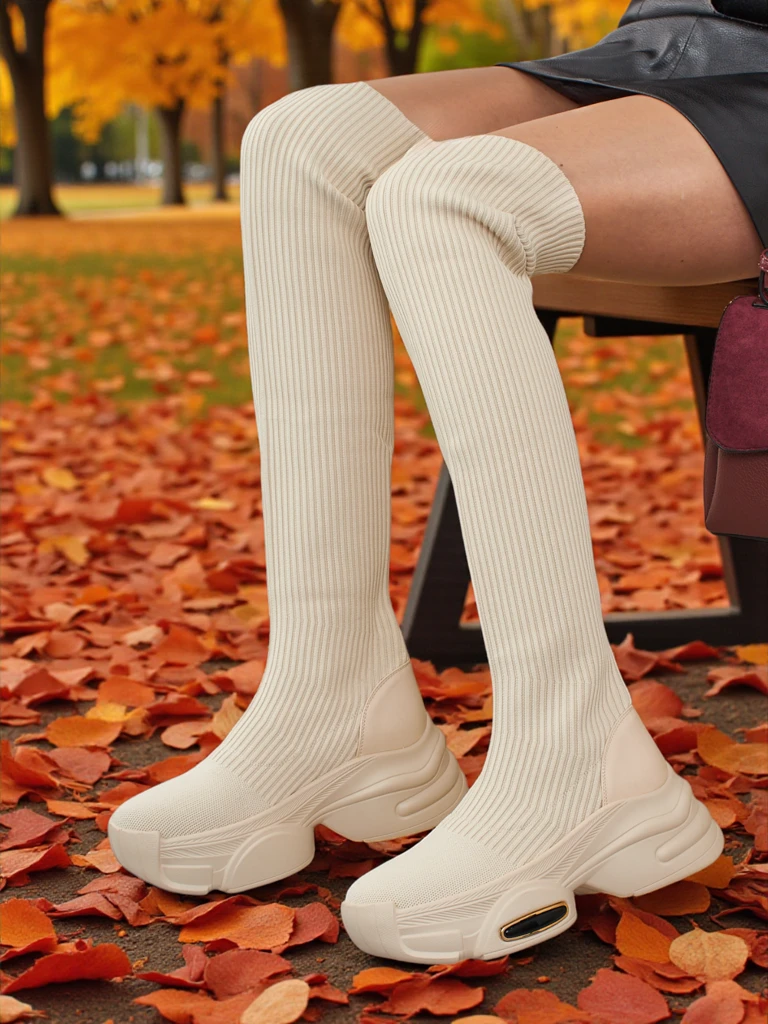 Lange Damen Schlupf-Overknee-Stiefel mit dicker Sohle Ravmora