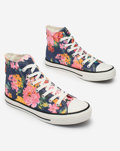 Royalfashion Damen hohe marineblaue Sneakers mit buntem Blumendruck Fahenna