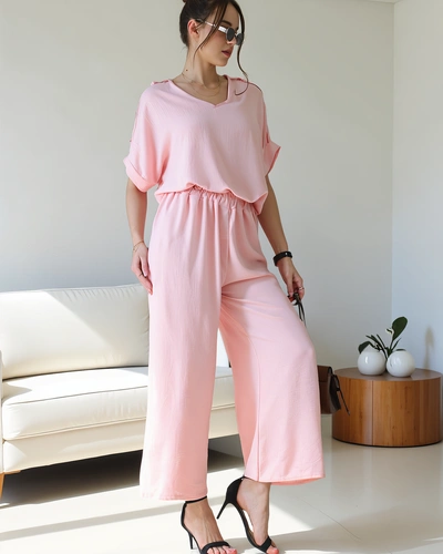 Royalfashion Damen Freizeit-Set mit kurzärmeliger Bluse und weiten Hosen