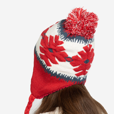 Rote Damenmütze mit Schneeflocken und Bommeln - Accessoires