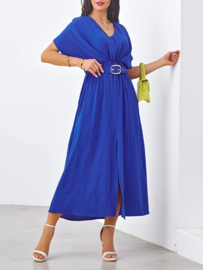 Royalfashion Damen Midi-Kleid mit kurzen Ärmeln, V-Ausschnitt und Schlitz in der Mitte