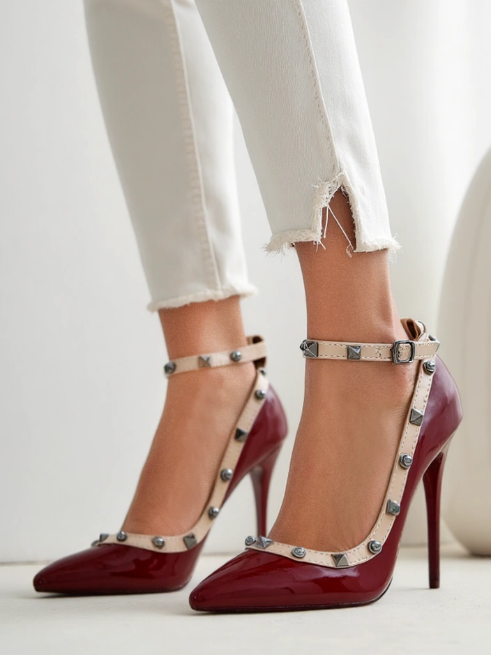 Royalfashion Lackleder Damen Stilettoabsätze mit Nieten Qoscalle