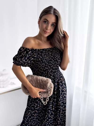 Geblümtes schwarzes Damen Midikleid - Kleidung