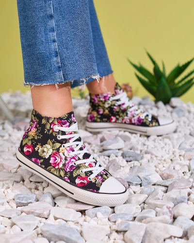 Royalfashion Schwarze Damen-Sneaker mit Blumenmuster Soxic