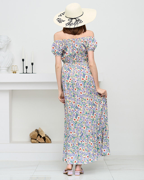 Довге літнє зелене плаття для жінок з фіолетовими квітами - Одяг