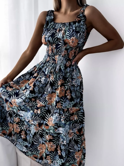 Marineblaues knielanges Damenkleid mit Blumenmuster- Kleidung