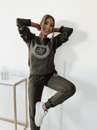 Royalfashion Dunkelgrünes Damen-Sweatshirt-Set mit Zirkonen