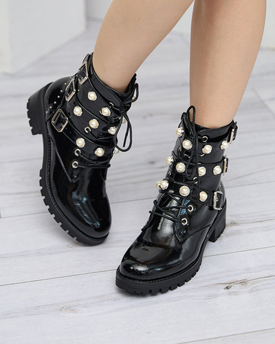 Schwarz lackierte Damenstiefel mit Perlen Salviso - Schuhe