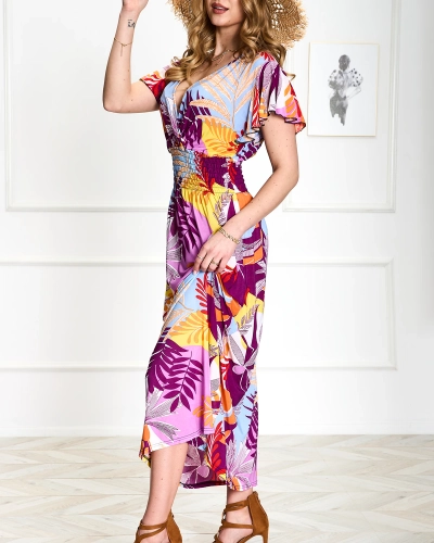 Lila langes Damenkleid mit Blumendruck - Kleidung