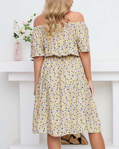 Gelbes kurzes Sommerkleid für Damen mit bunten Blumen - Kleidung