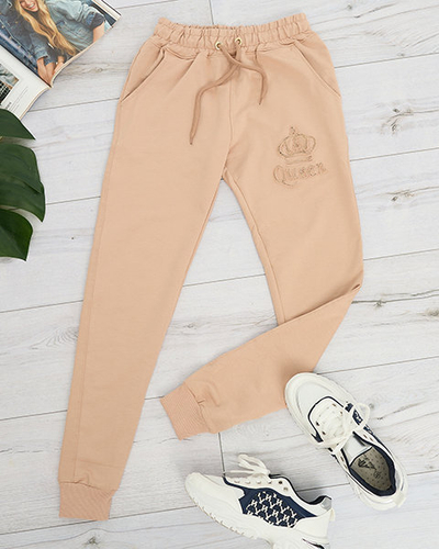Damen-Jogginghose in Beige mit Zirkonia - Kleidung