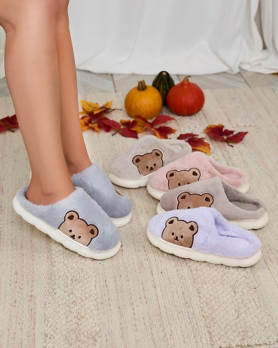 Royalfashion Damen-Pelzpantoffeln mit Teddybär in blau Fetemes