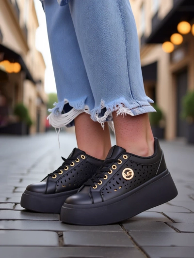 Aurelia Nero - Schwarze Royalfashion Plateauschuhe aus Öko-Leder, Modell LH201-8