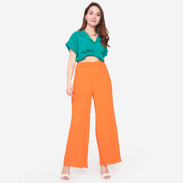 Orange, gerippte, weite Palazzo-Hose für Damen - Kleidung
