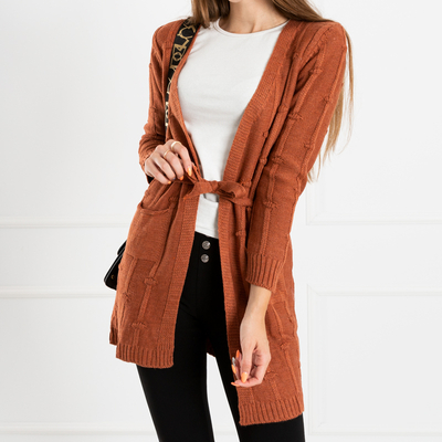 Damen braun gebundener Cardigan mit Taschen - Bekleidung