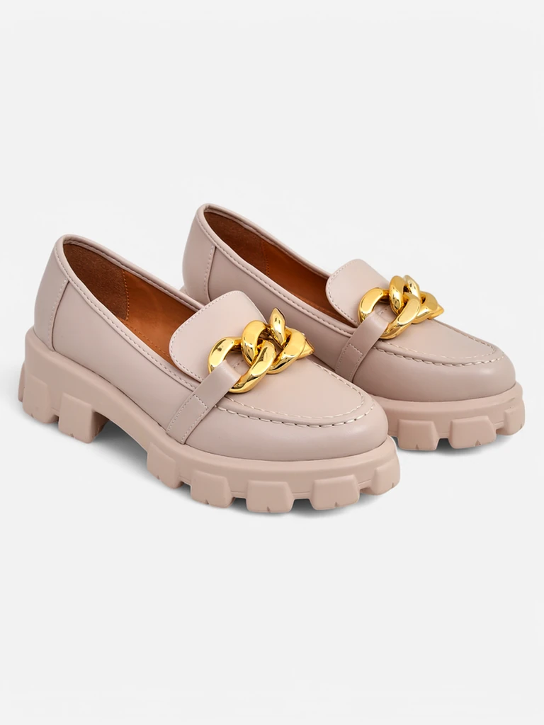 Damen Loafers beige Callista mit Kette, flacher Absatz, Öko-Leder