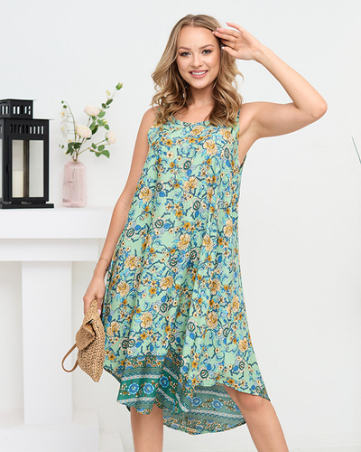 Asymmetrisches grünes Damenkleid mit gelben Blumen - Kleidung