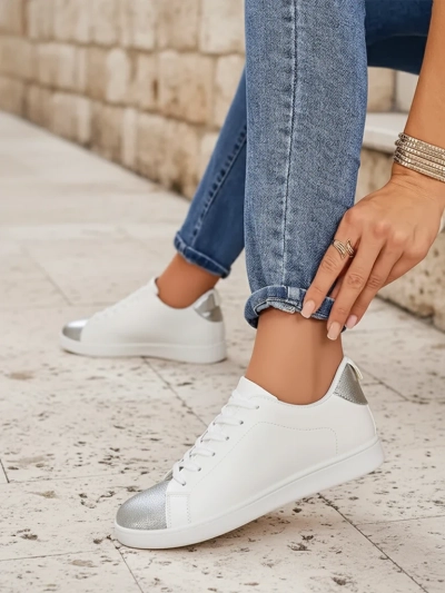 Royalfashion Calista Damen-Sneakers, silber-weiß, stilvoll, Öko-Leder