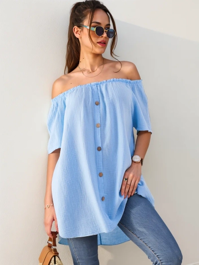 Royalfashion Damen Baumwollbluse im spanischen Stil mit dekorativen Knöpfen
