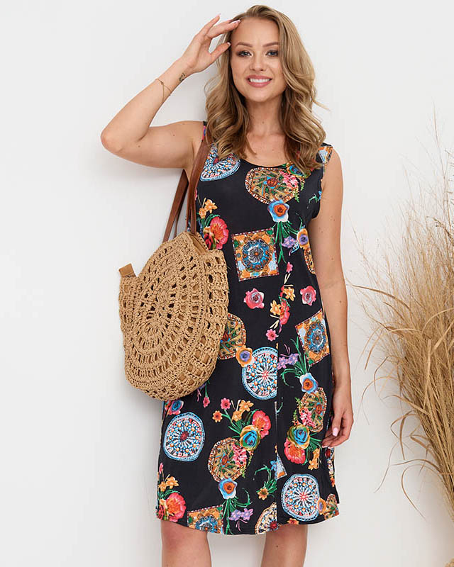 Gemustertes schwarzes kurzes Damenkleid - Kleidung