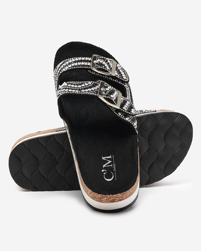 Damenhausschuhe mit Zirkonia in schwarz Lalud-Footwear