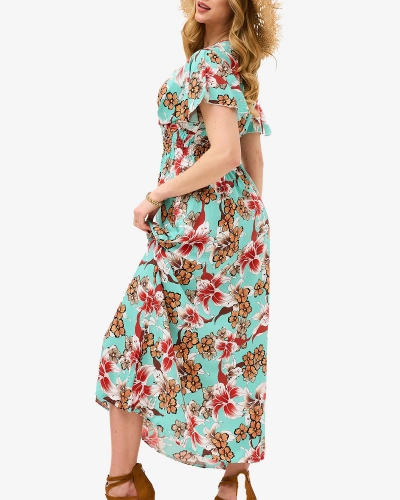 Mintfarbenes Damen-Midikleid mit Blumenmuster - Kleidung